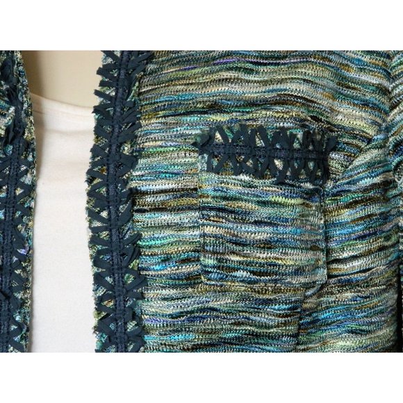 Chico's 0 Jacket S 4/6 Multi Color Blue Weave Pattern 3/4 Sleeve Polyester - Picture 3 of 9